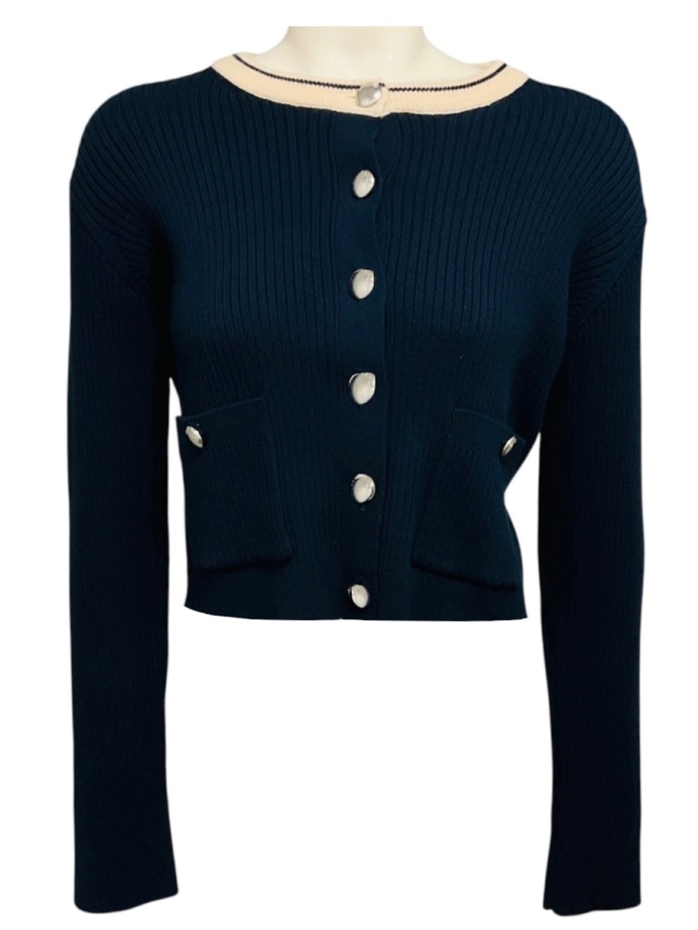 Sablyn Midnight Navy Blue Helena Cropped Cardigan with Contrast Neckline